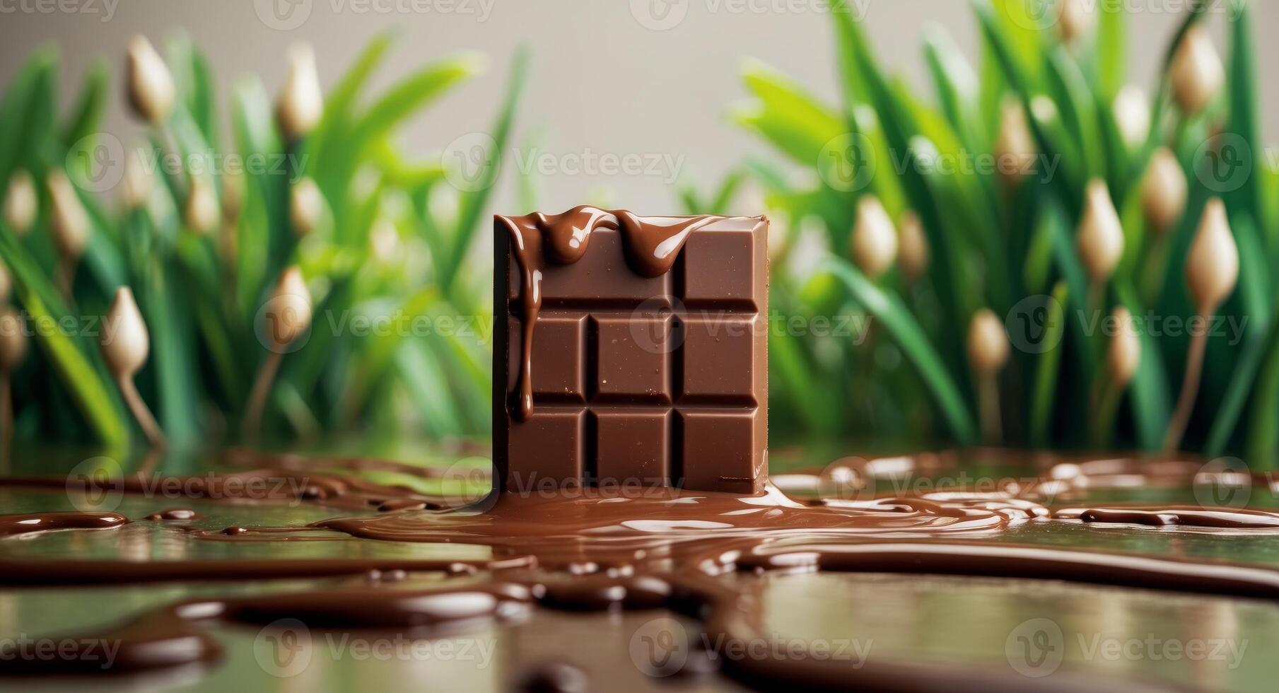 A chocolate bar is sitting on a table with grass photo