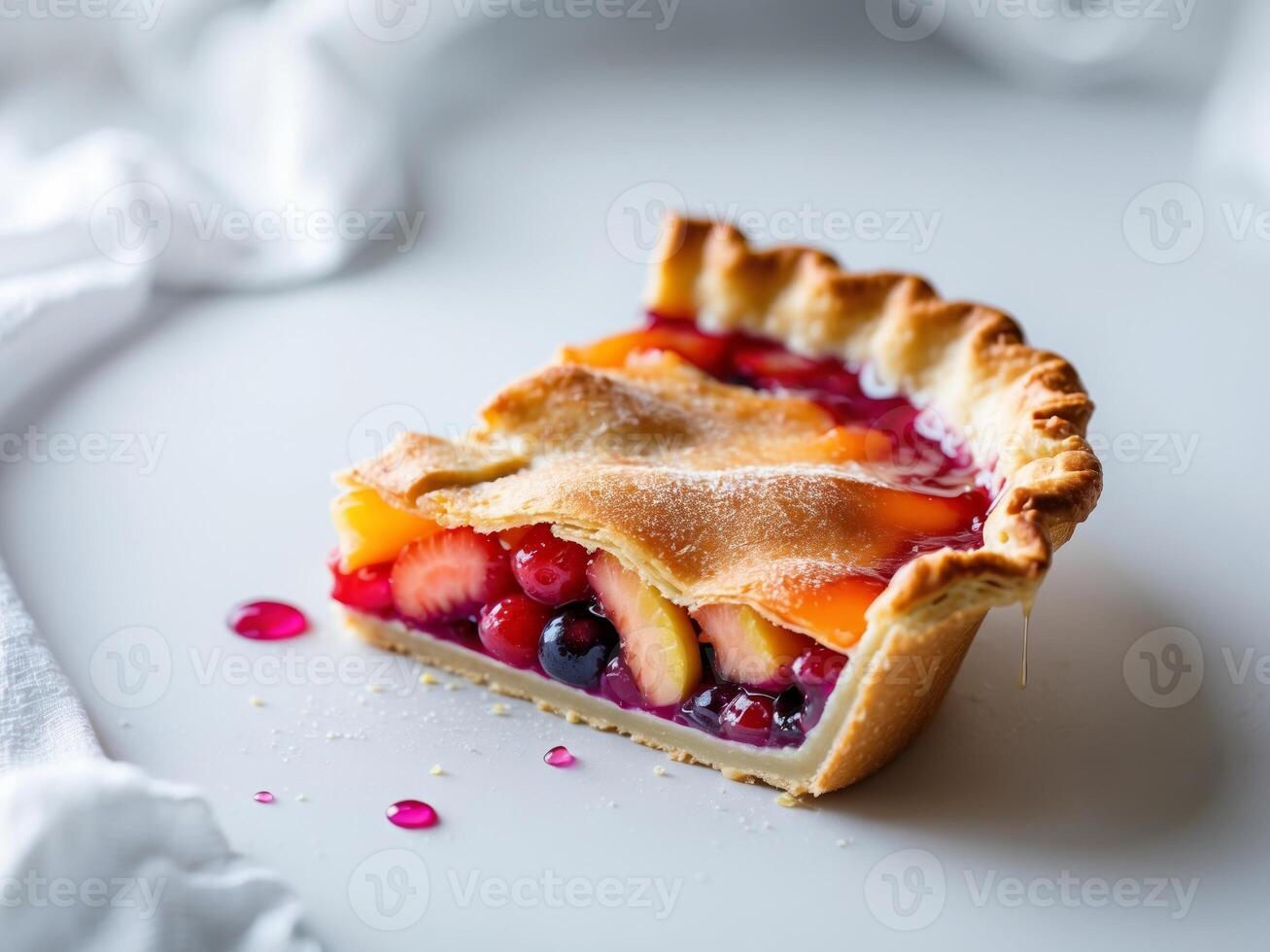 A slice of fruit pie on a white table photo