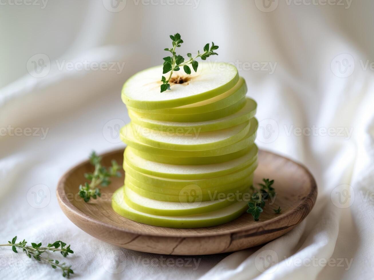 A stack of green apple slices on a wooden plate photo