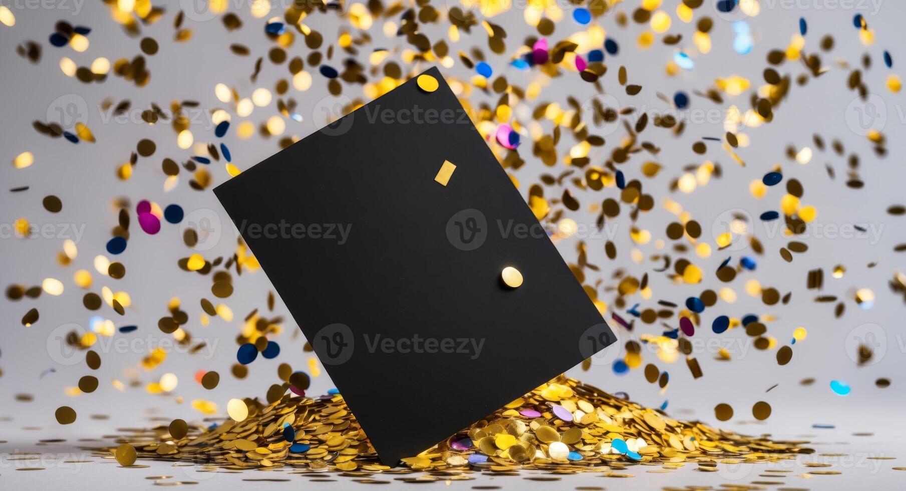 Black graduation cap with gold confetti on white background photo