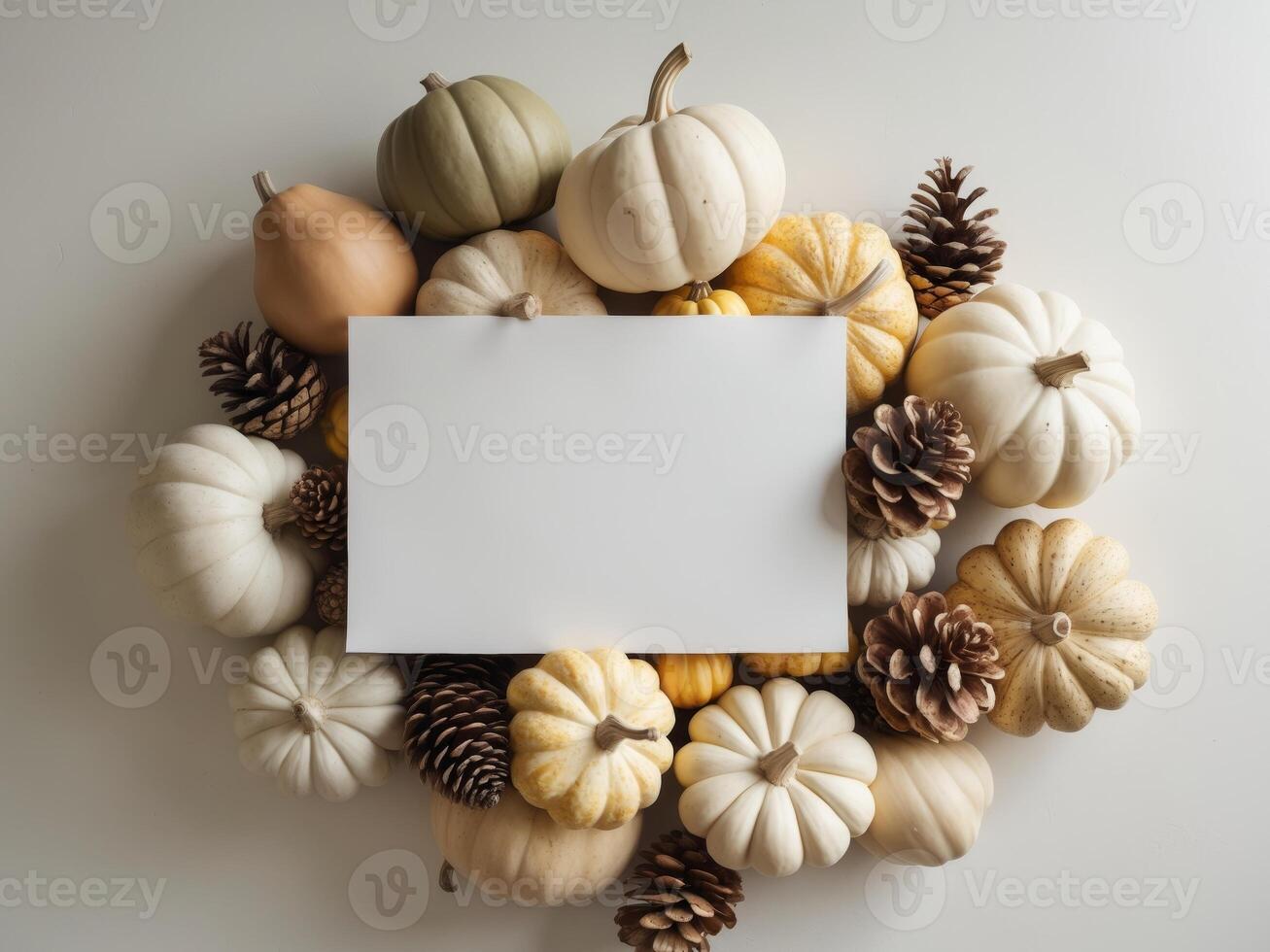 Pumpkins and pine cones on white background with blank card photo