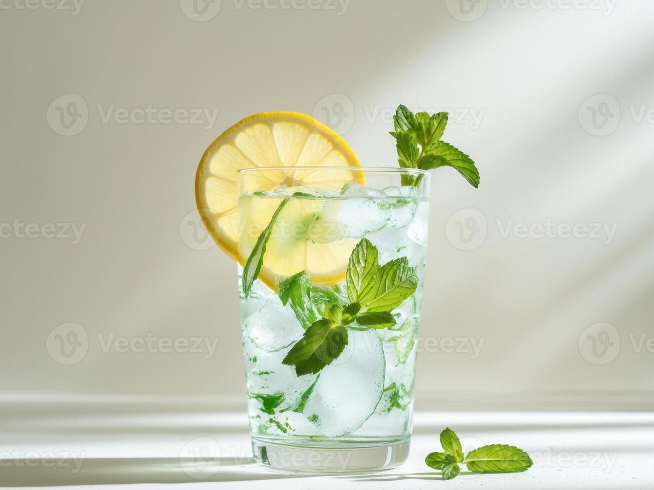 Refreshing Lemonade with Mint and Ice, a Cool Summer Drink in a Glass with Lemon Slice. photo