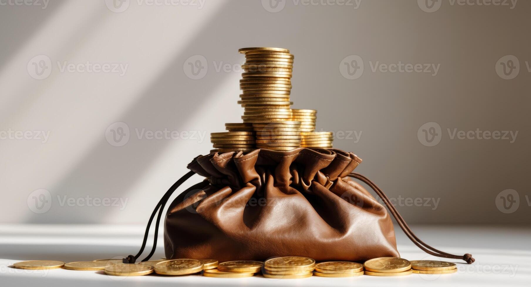 A brown bag with stacks of gold coins photo