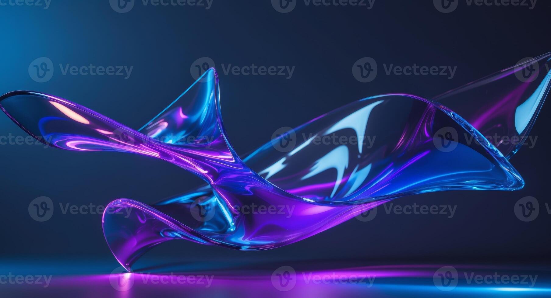 Abstract Glass Sculpture with Neon Lights, Translucent Curved Shape on Dark Background photo