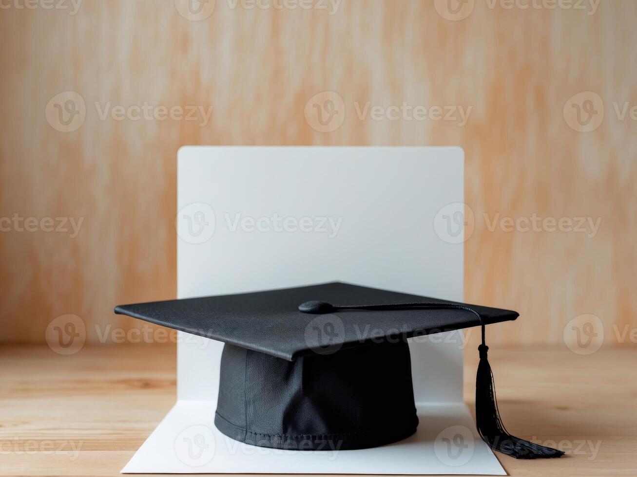 Graduation Cap on Wooden Surface, a Symbol of Achievement and Future Success photo