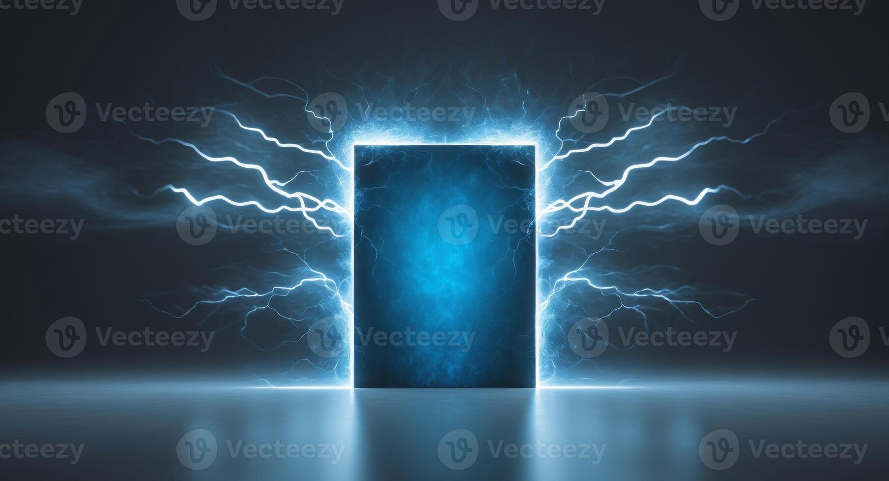 Abstract Blue Energy Portal or Gate with Lightning Strikes and Reflective Surface. photo