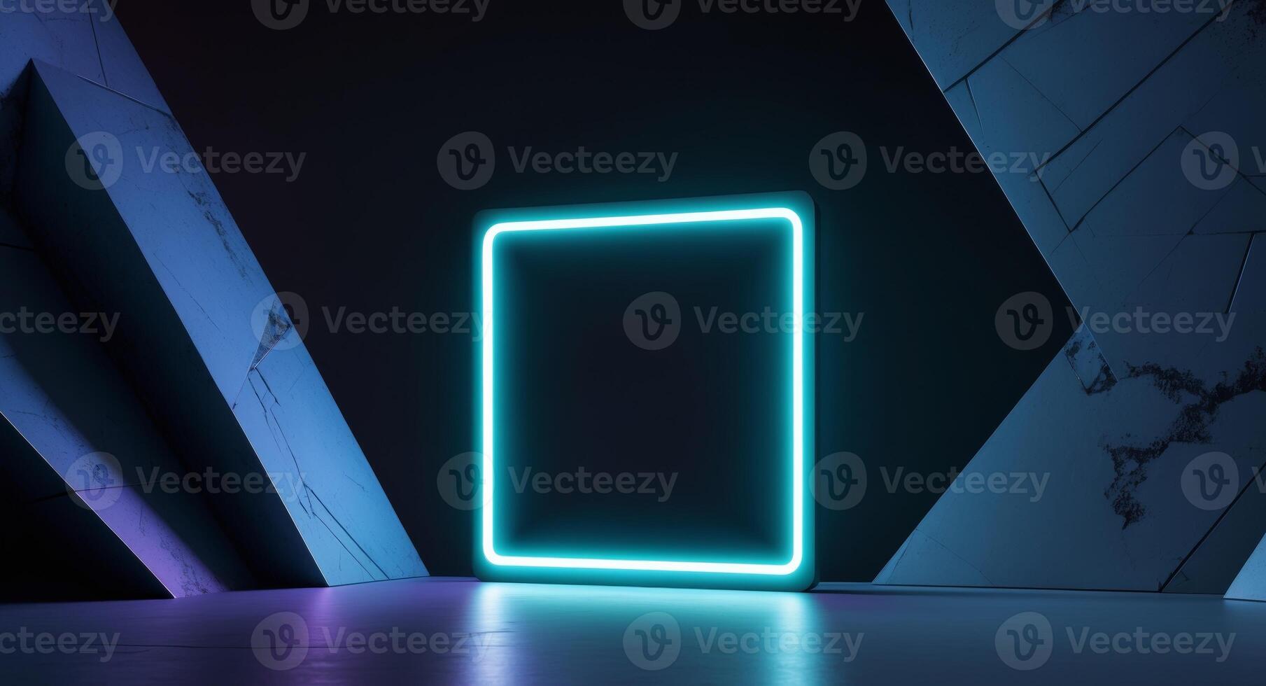 Neon Square Portal in Futuristic Abstract Space, Glowing Frame and Concrete Walls. photo