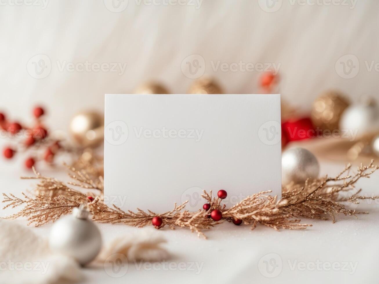 Festive Christmas Stationery Mockup with Golden Ornaments and Red Berries, Blank Card photo