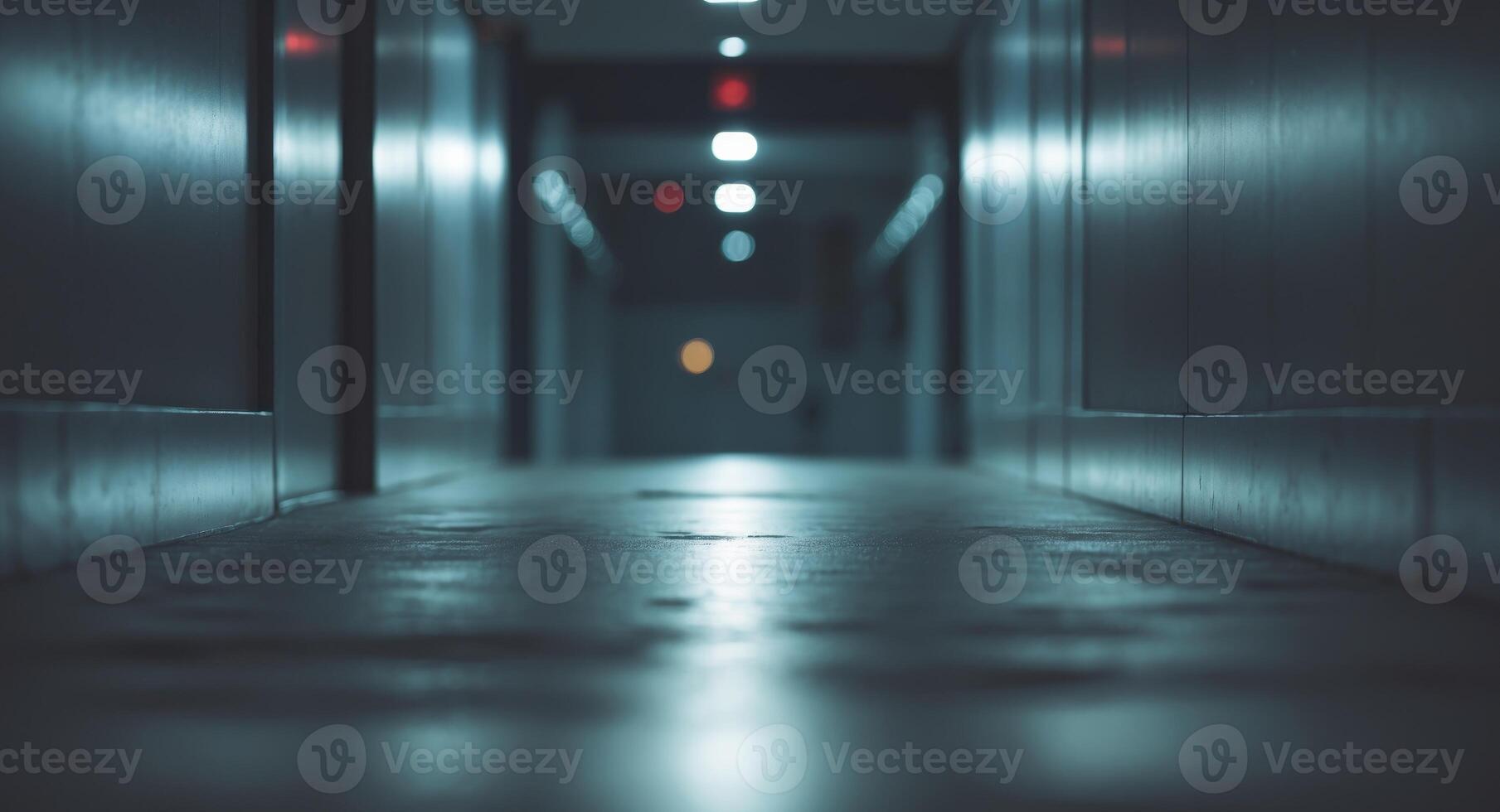 A dark hallway with lights shining down on it photo