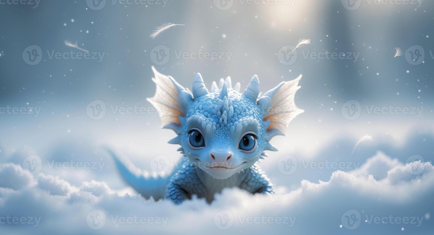 Adorable Baby Dragon in Winter Wonderland, Blue Dragon with Big Eyes and Soft Snow. photo