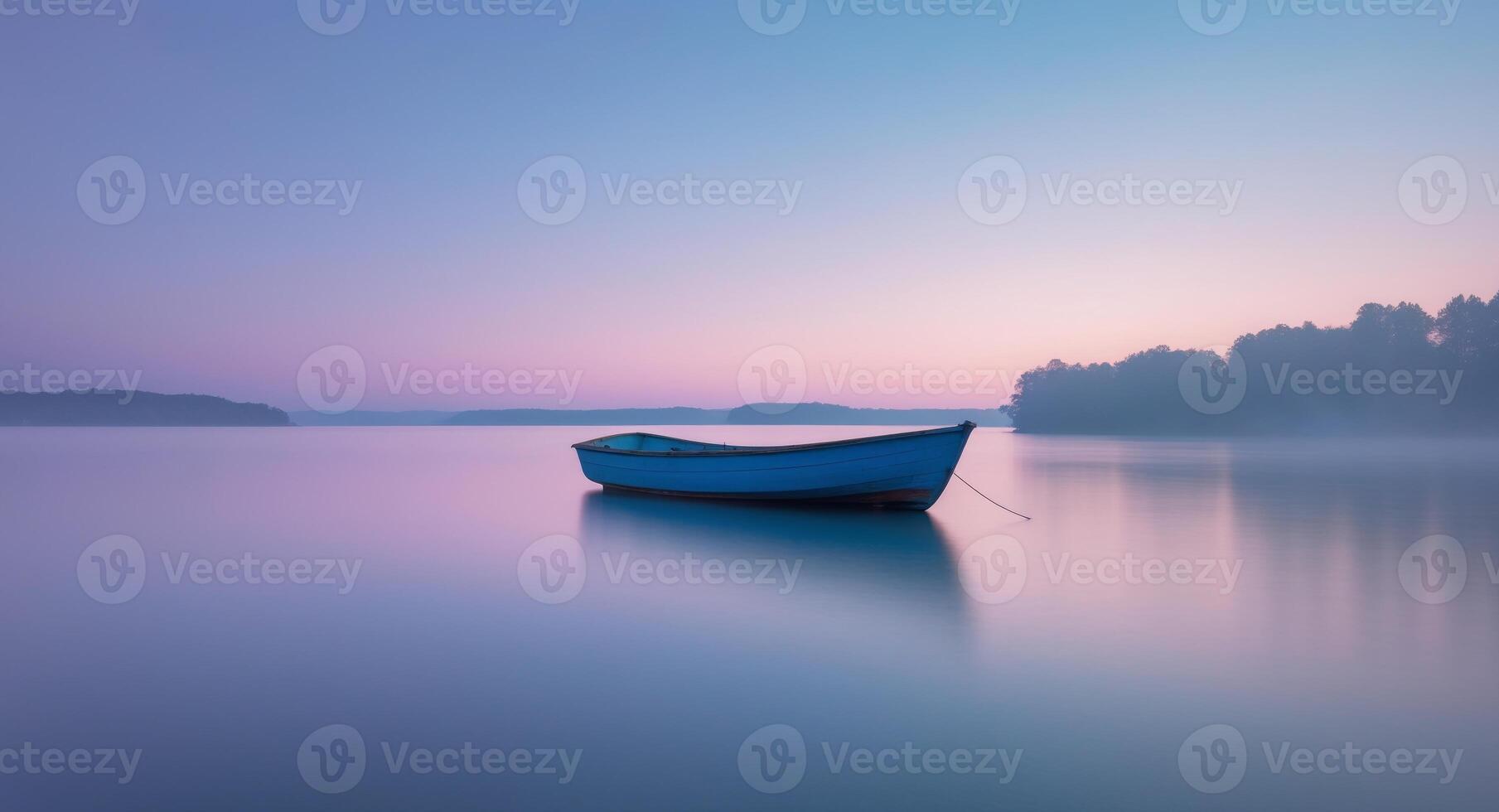 Serenity on the Lake. A Blue Boat Drifts in the Misty Calm of a Pastel Sunrise. photo