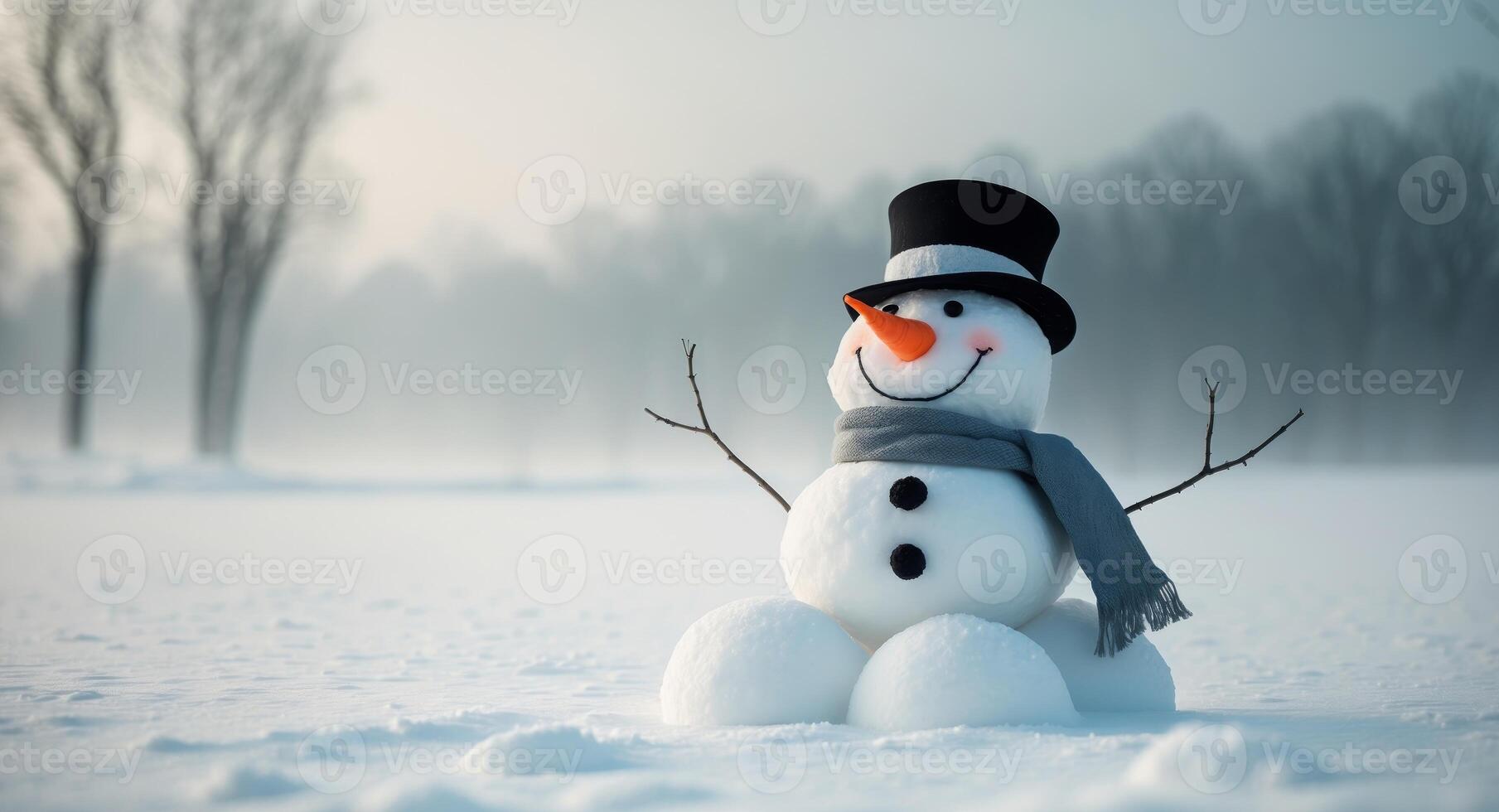 Cheerful Snowman with Top Hat and Scarf in Winter Landscape, Festive Holiday Scene. photo