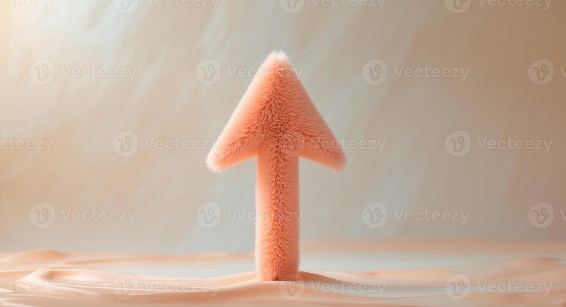 Fuzzy Peach Arrow Pointing Upwards, Creative Directional Sign on Creamy Surface. photo