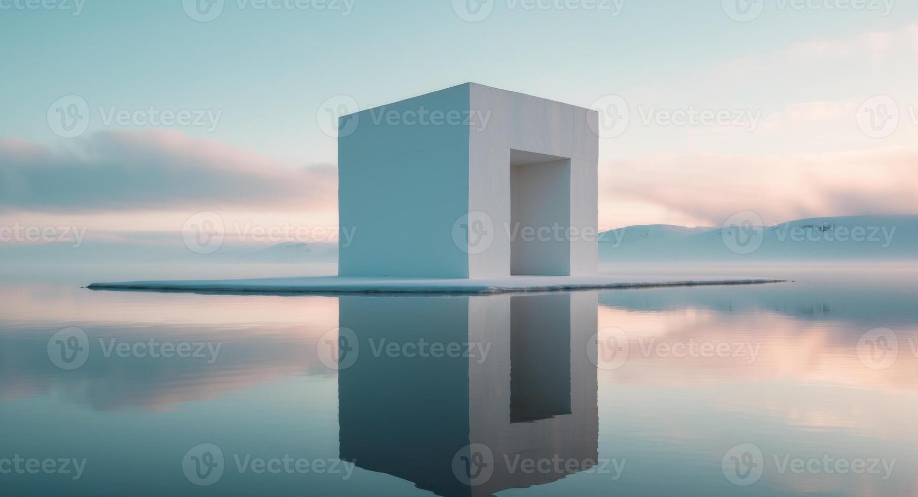 A white cube sitting on top of a lake photo