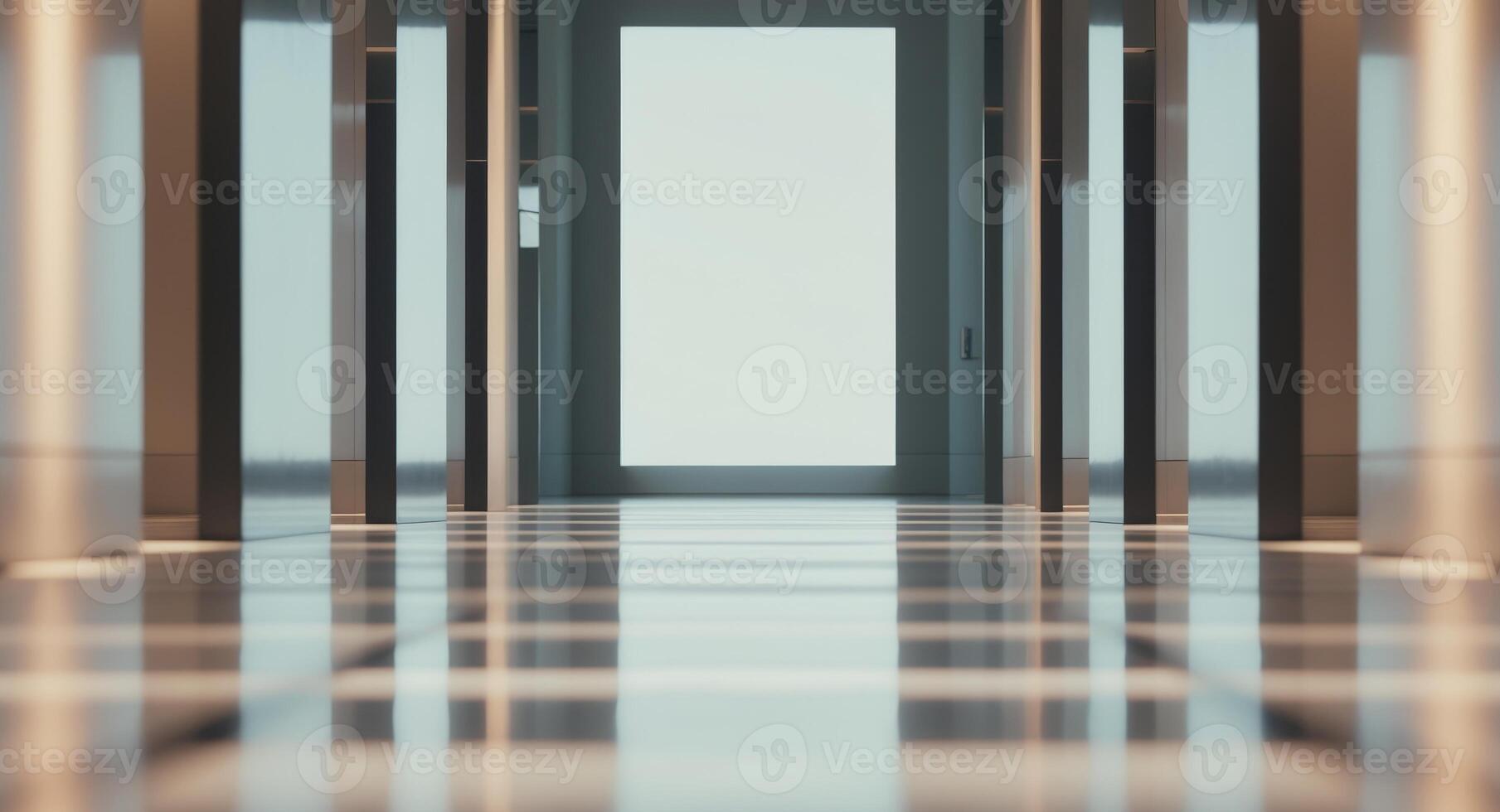 A long hallway with a door in the middle photo