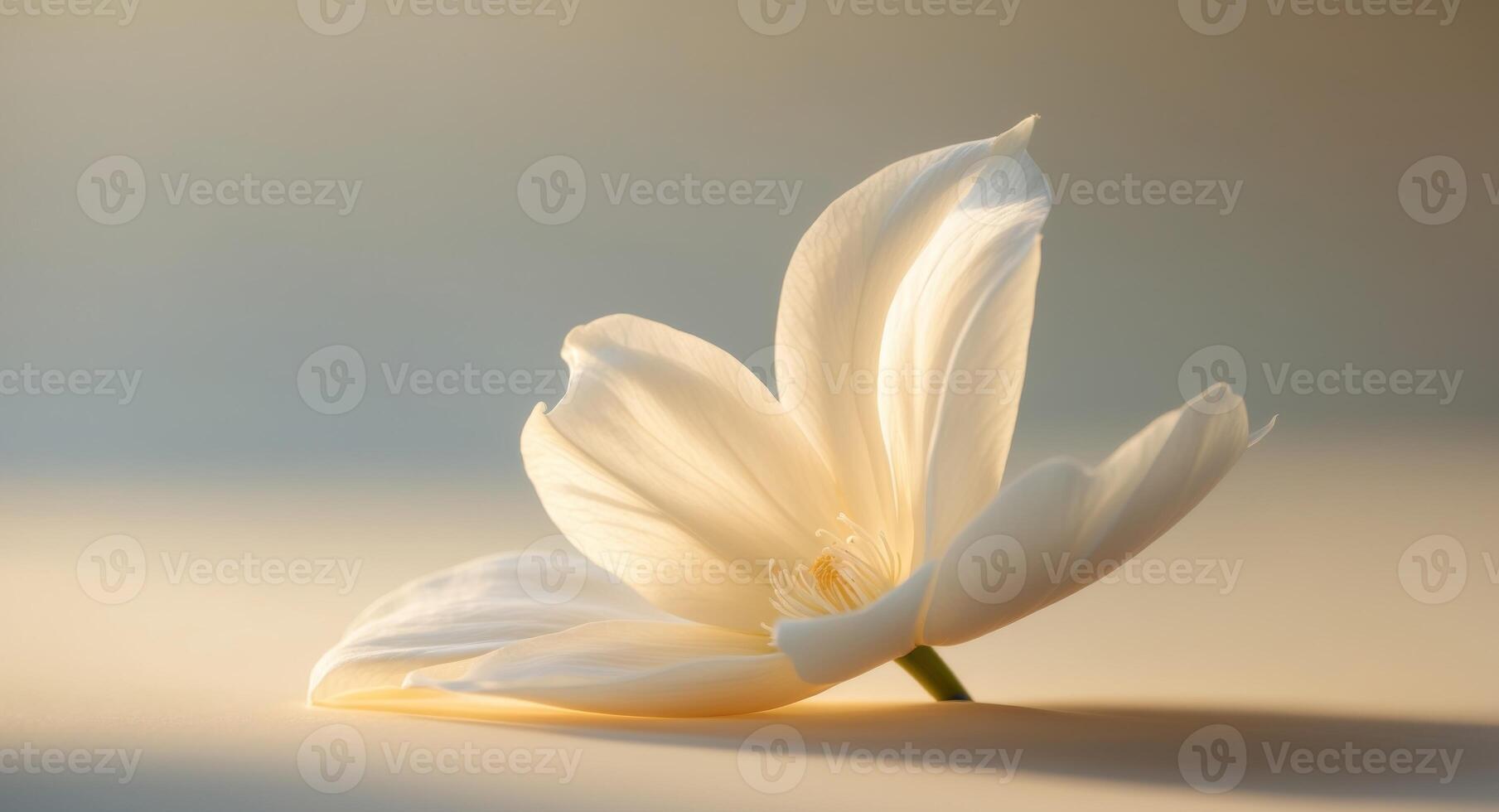 A single white flower is shown on a table photo