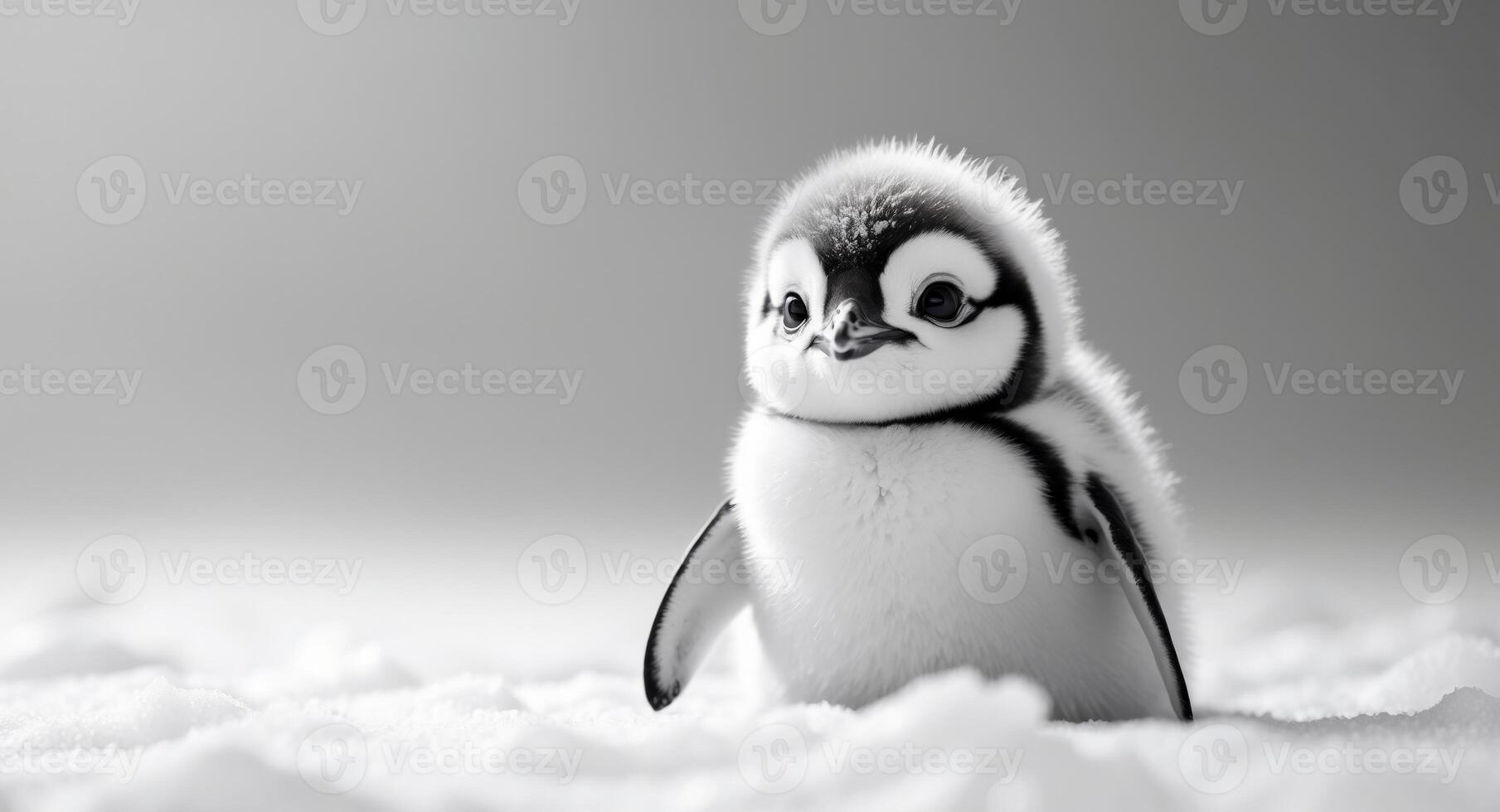 Adorable Monochrome Penguin Chick Standing in the Snow, Innocence and Purity photo