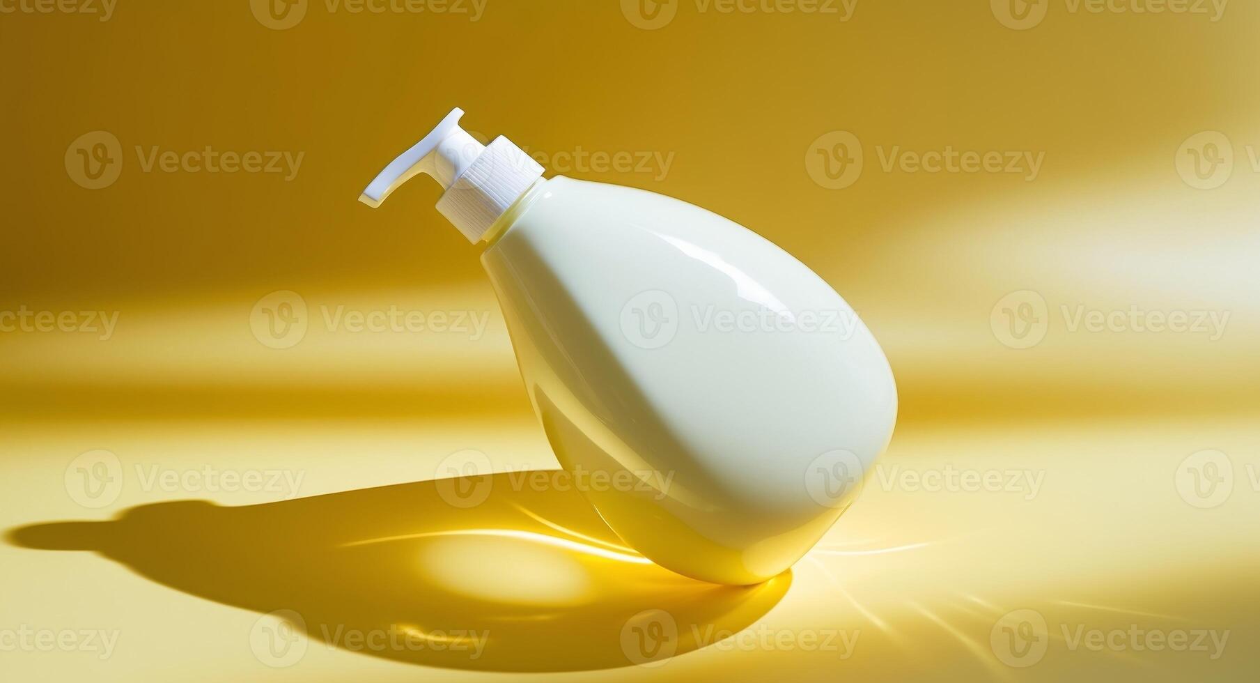 Cosmetic Bottle on Yellow Background, Minimalist Style, Modern Spa Product Presentation. photo