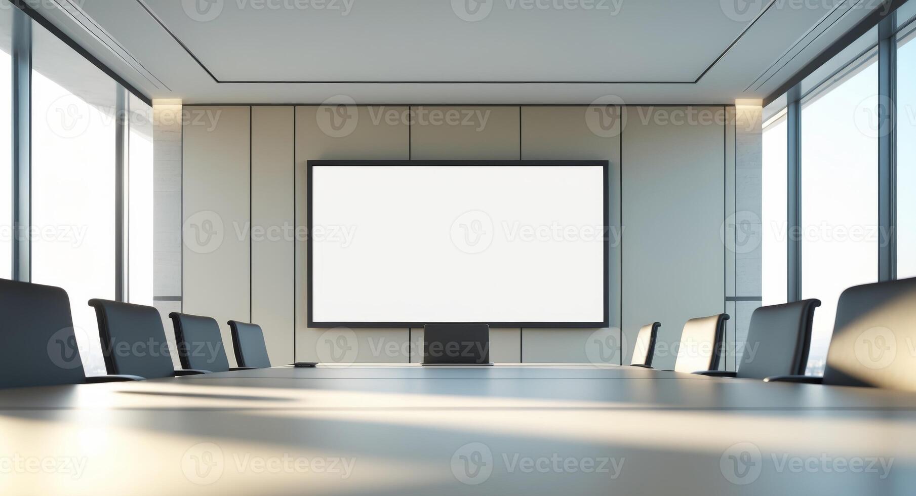 Modern Conference Room with Blank Screen, Table and Chairs, Ready for Presentation. photo