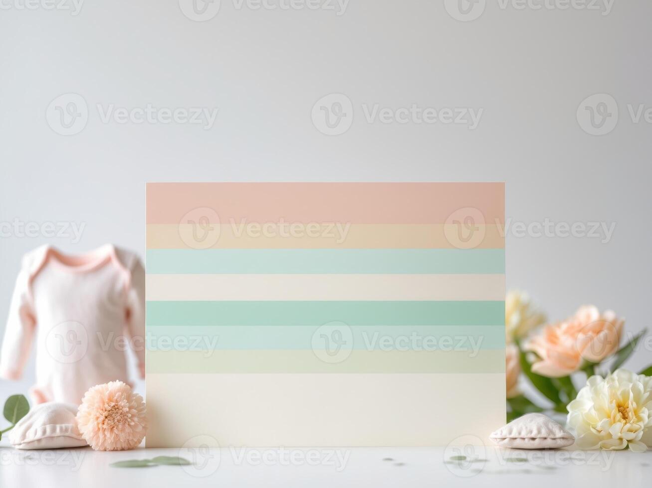 Pastel Baby Announcement Mockup with Flowers, Baby Clothes and Striped Background photo