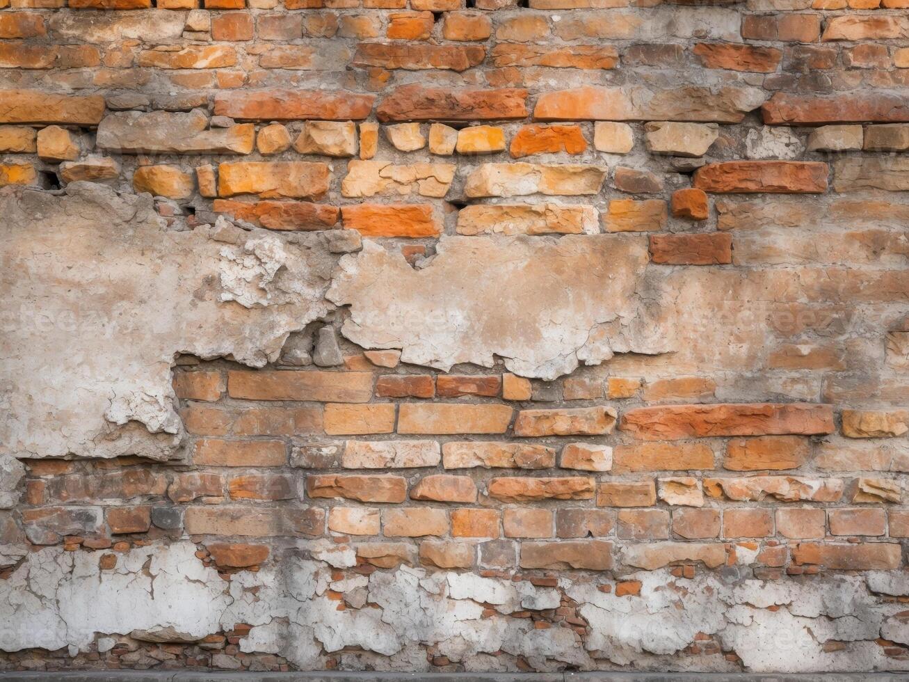 Old orange brick wall texture with damaged plaster and signs of aging, rustic background. photo