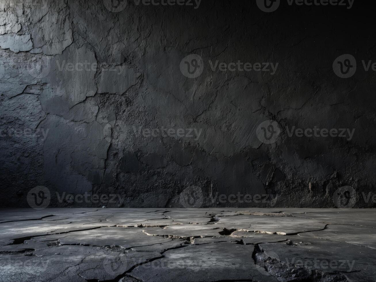 Dark Cracked Ground and Wall Background for Product Display or Abstract Concept. photo