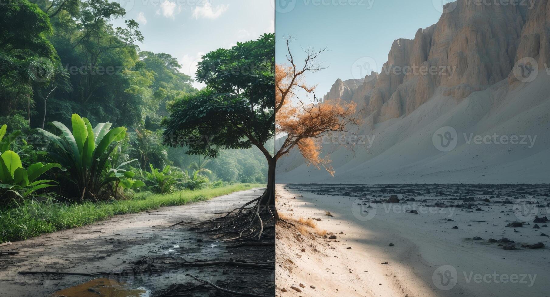 A Dichotomy of Nature. Lush Forest Versus Arid Desert Landscape, Split Down the Middle. photo