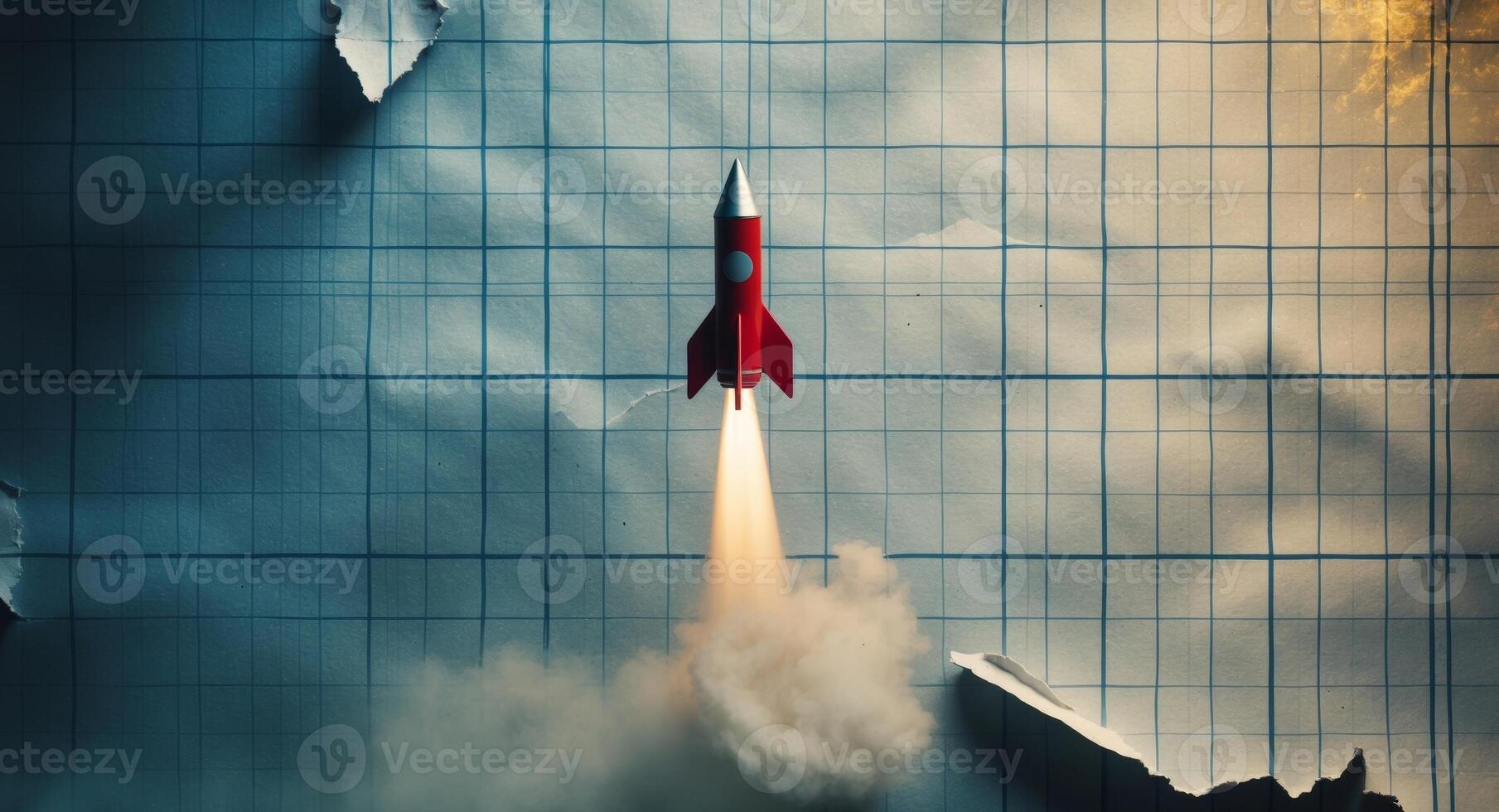 Red Rocket Launch on Graph Paper Background. A Symbol of Innovation and New Ventures. photo