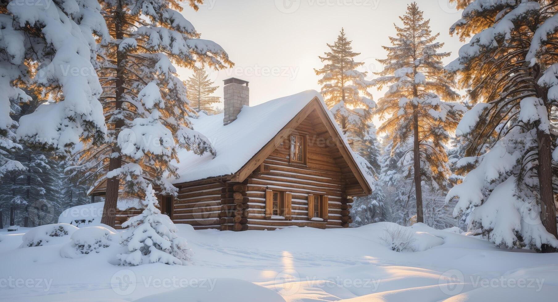 A log cabin in the snow surrounded by trees photo