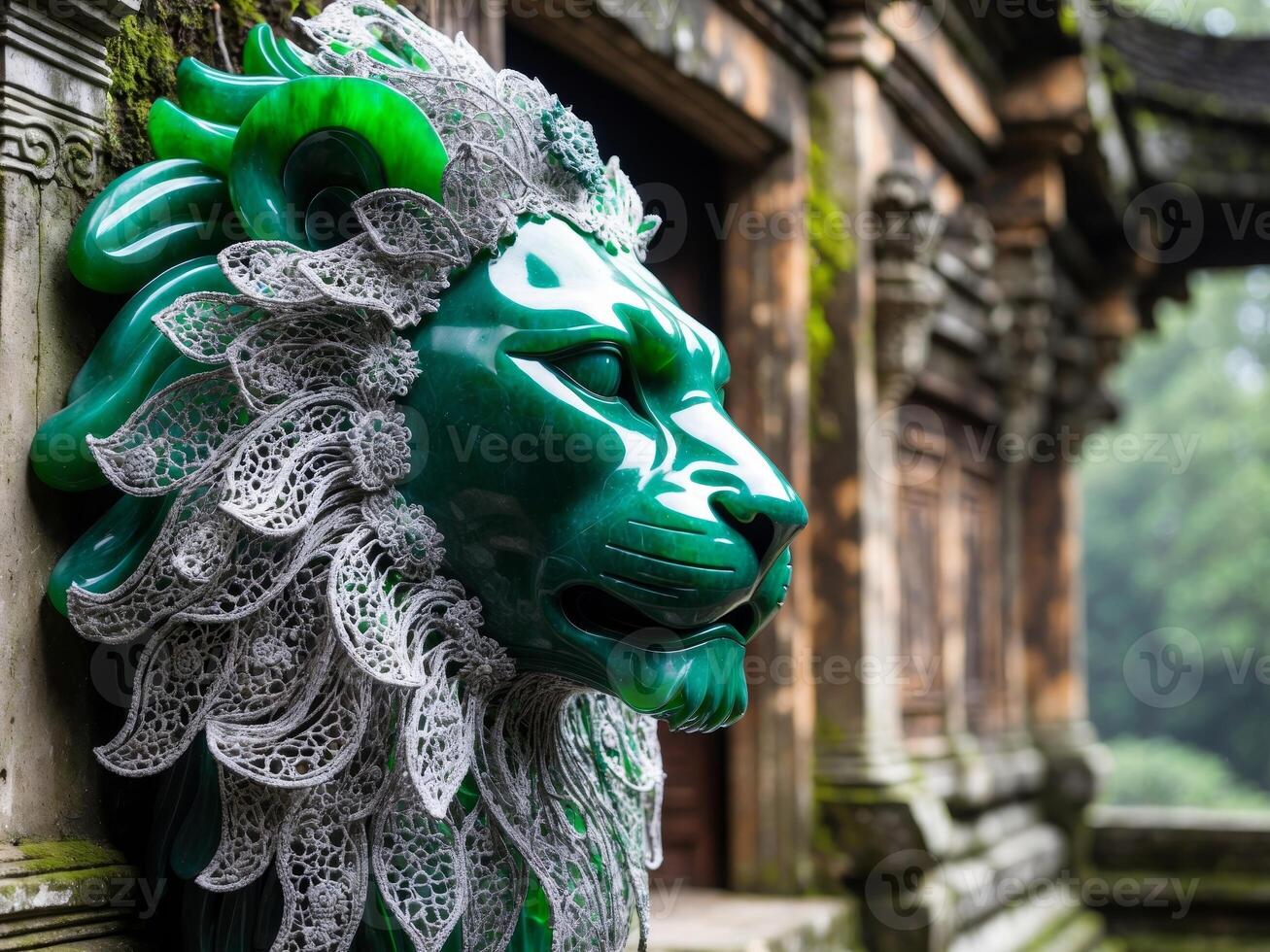 A green lion head on a wall photo