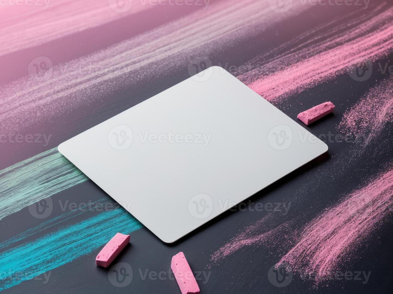Blank white card on a black background with pink and blue chalk photo
