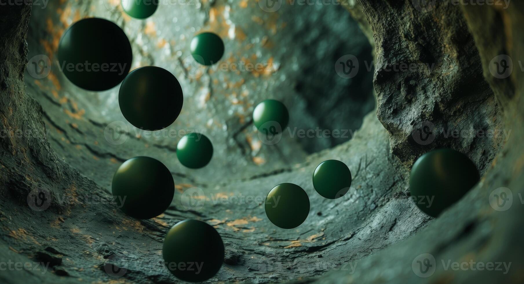 Green spheres are floating in a tunnel photo