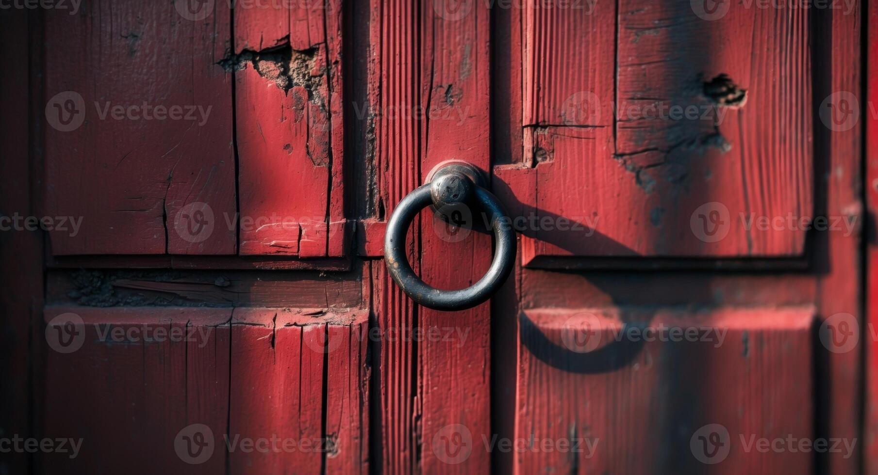 A close up of a red wooden door with a ring on it photo
