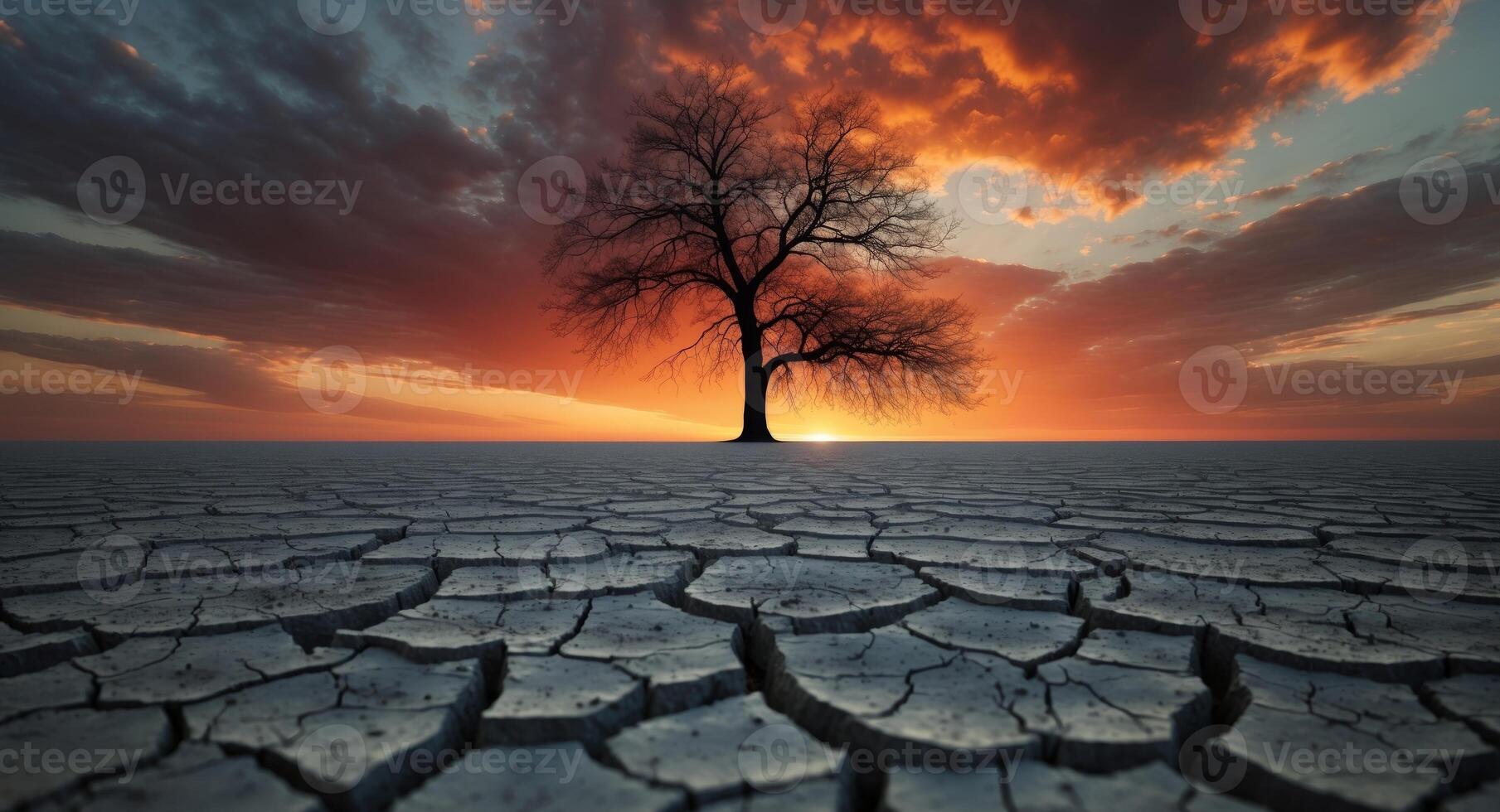 A tree stands alone in a dry landscape with a sunset in the background photo