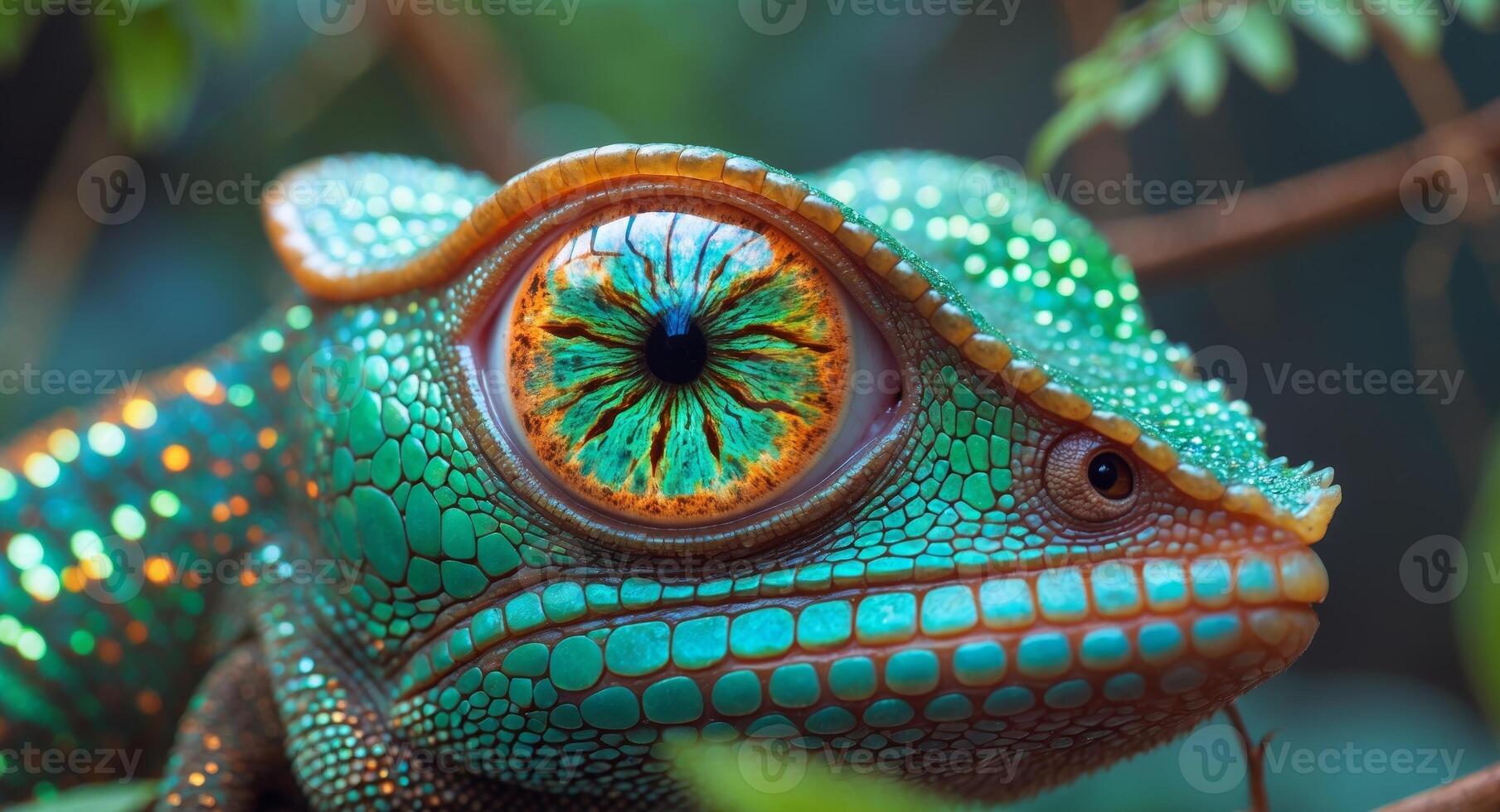 A close up of a chameleon with bright green eyes photo