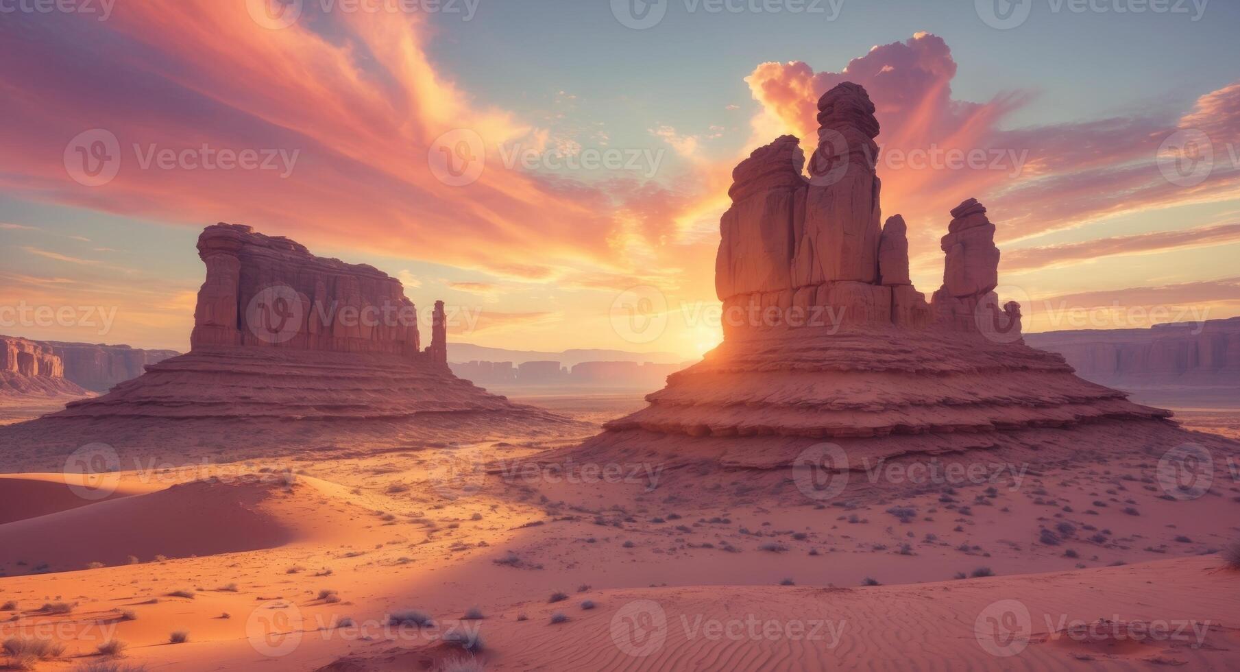 Desert landscape with tall rock formations at sunset photo