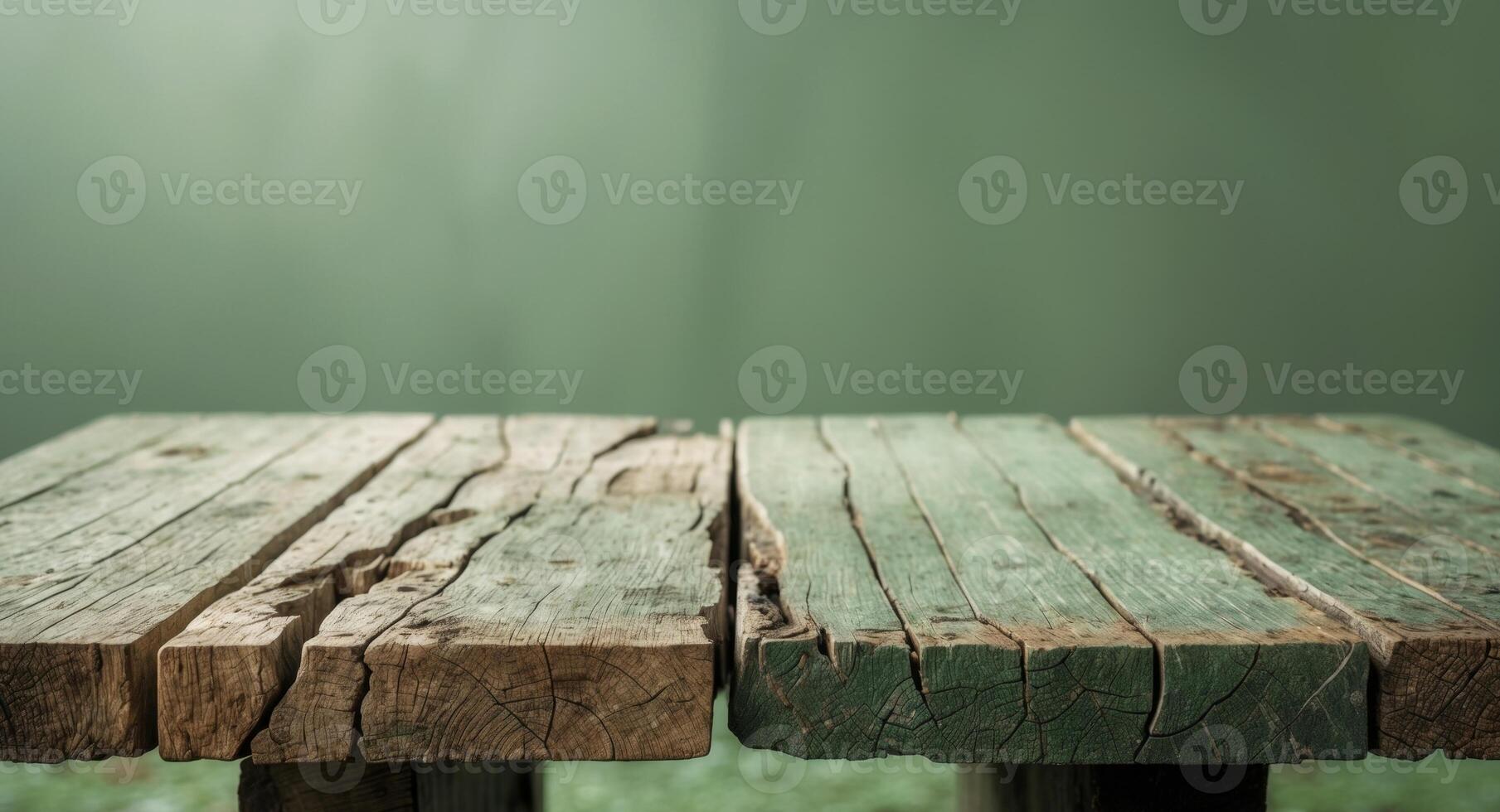 Old wooden table with green background photo