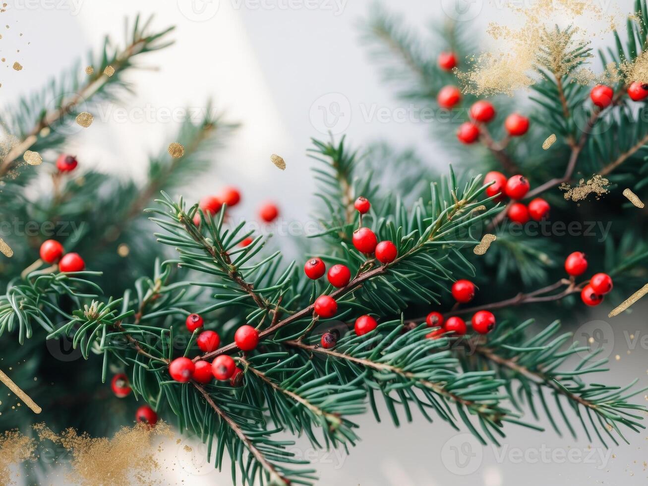 Christmas tree with red berries and gold glitter photo