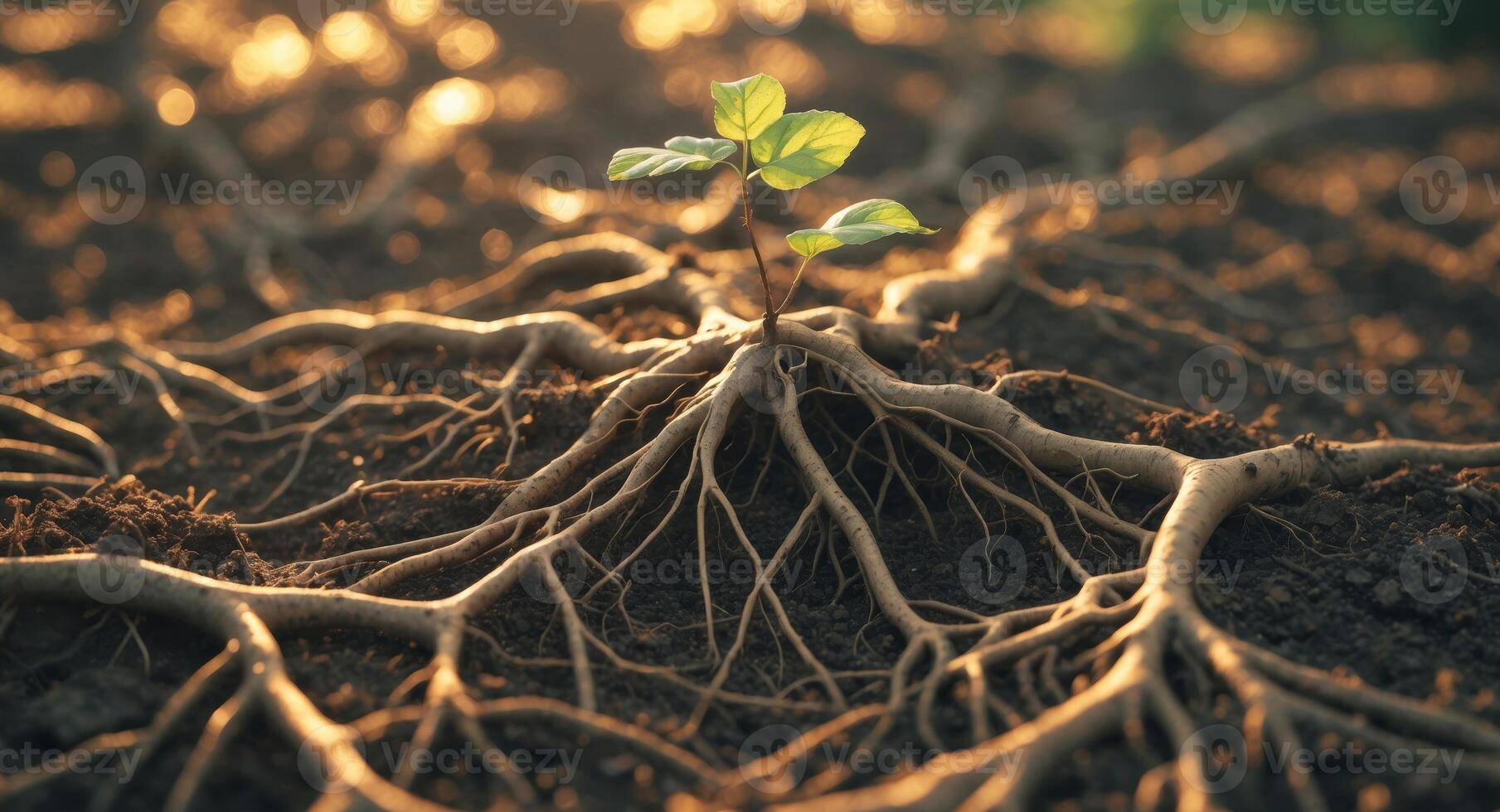 A plant with roots growing out of the ground photo