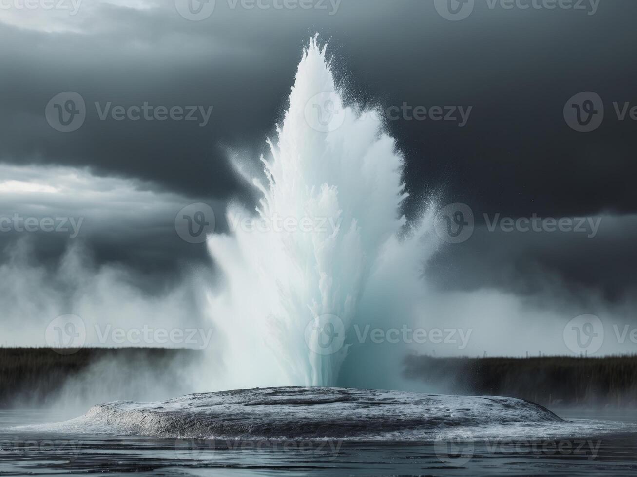 Iceland Geyser Eruption Under a Dramatic Sky, Witnessing Natures Power. photo