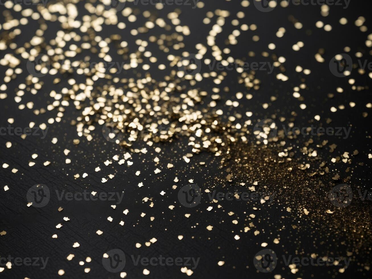 Golden Confetti on Black Background, Sparkling Celebration Backdrop, Luxurious Texture. photo