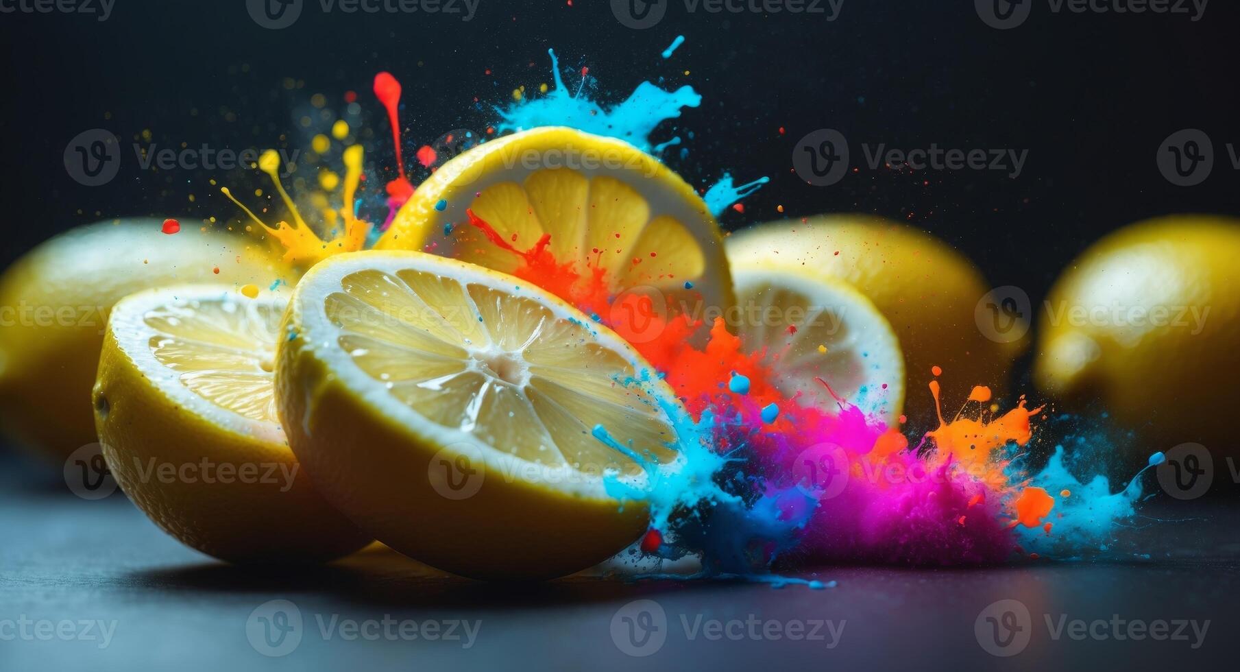 Vibrant Citrus Burst. A Lemon Still Life with Colorful Paint Splashes, Studio Shot. photo