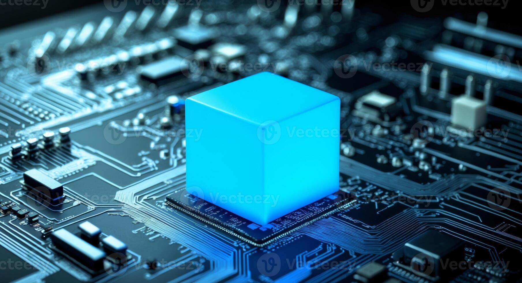 Modern Computer Technology, Circuit Board with Blue Cube, Data Center, Future Tech. photo