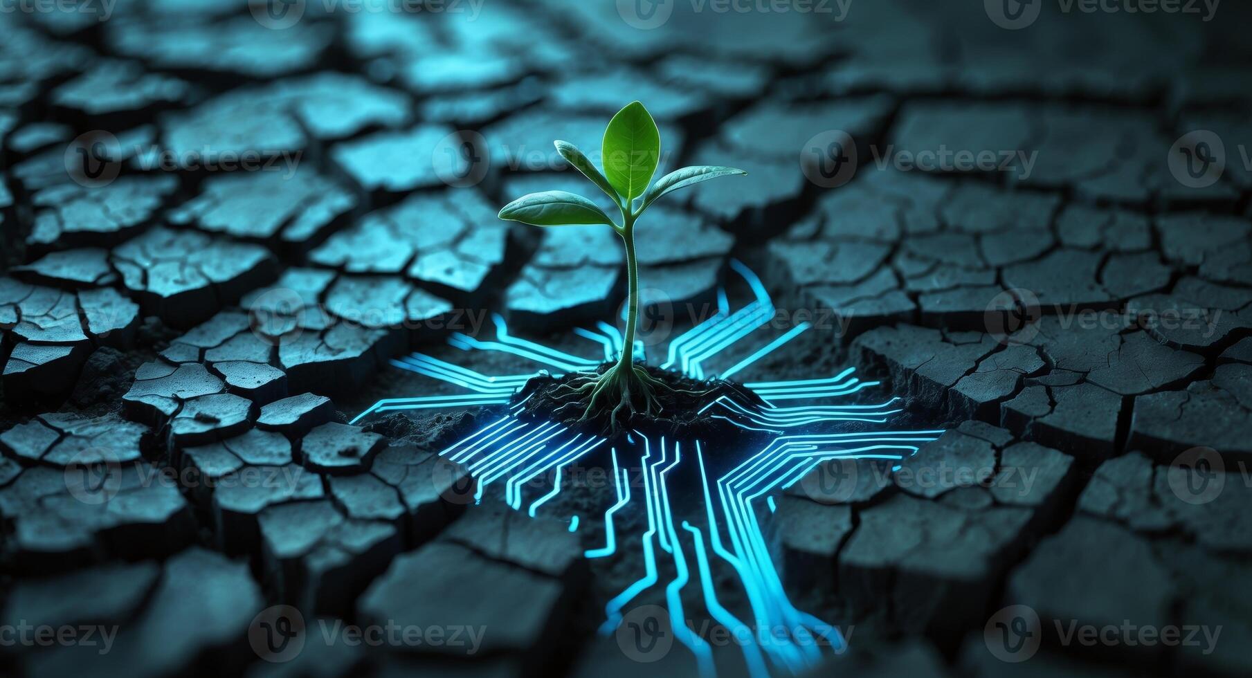 Plant growing on cracked earth with glowing technology beneath, hope in a digital world. photo