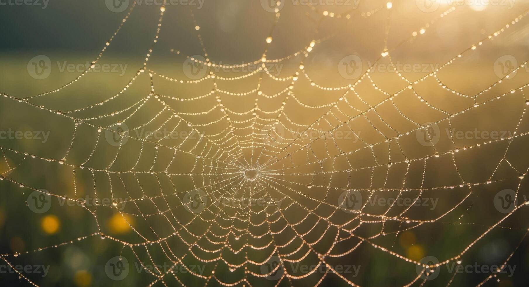 A spider web with dew on it in the sun photo