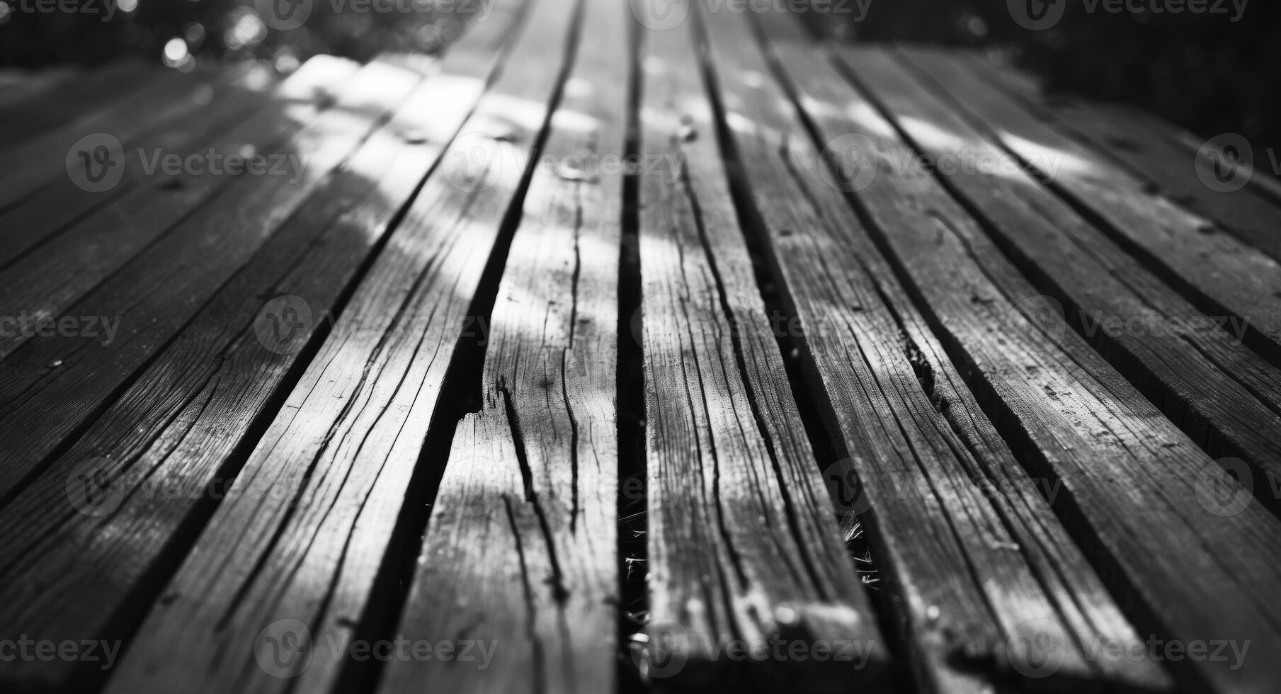 Monochrome Wooden Walkway. A Striking Black and White Perspective of Weathered Planks. photo