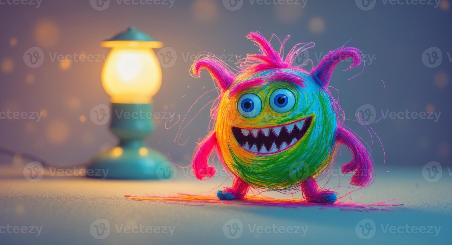 Colorful Monster with Big Eyes and a Grin Next to a Lamp, Childlike Illustration photo