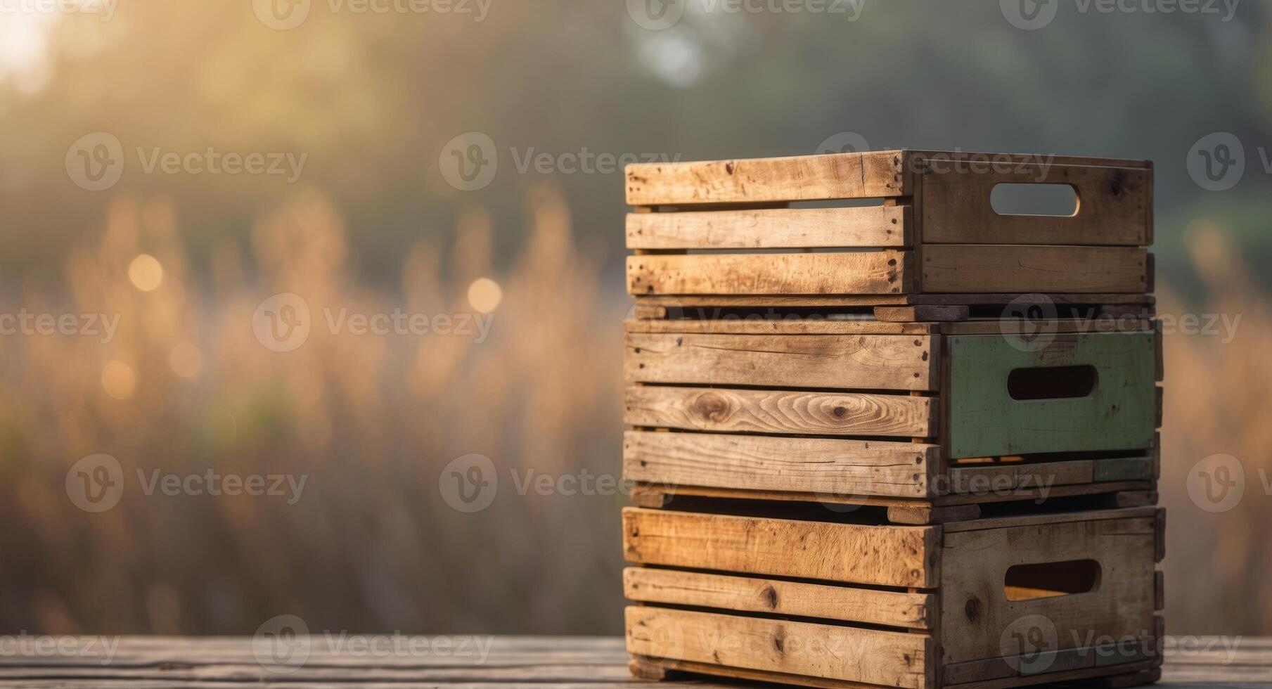 Stack of Three Wooden Crates on a Wooden Surface with a Blurry Background. photo