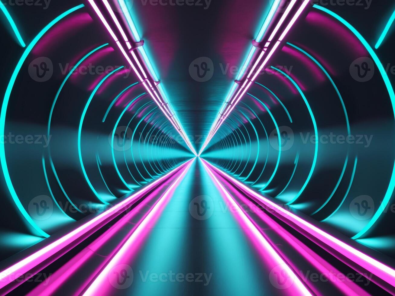 Neonlit Futuristic Tunnel with Circular Arches and Converging Pink and Cyan Lights. photo