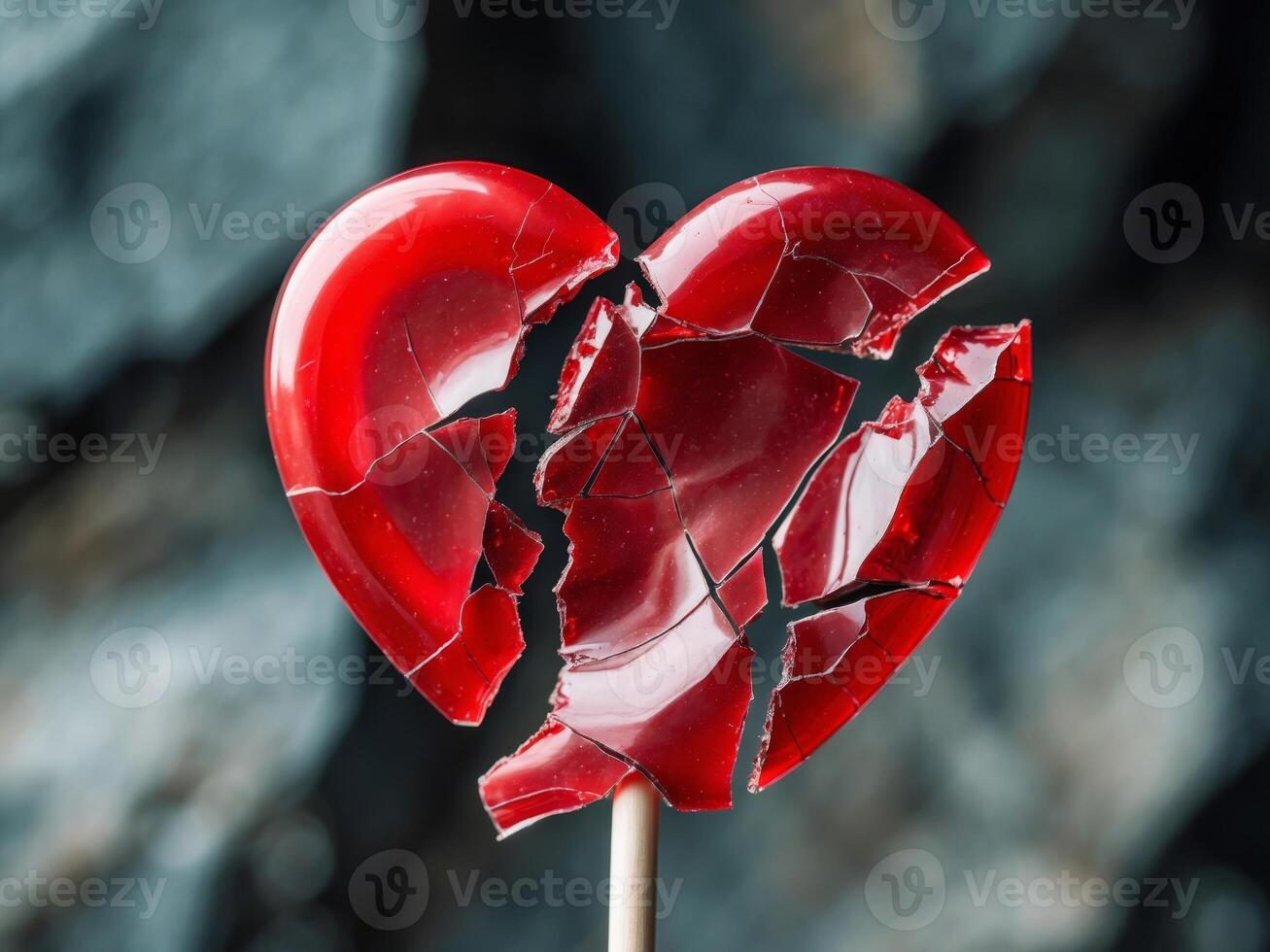 Shattered Valentine. A Broken Red Heart Lollipop Symbolizing Loss and Heartbreak. photo